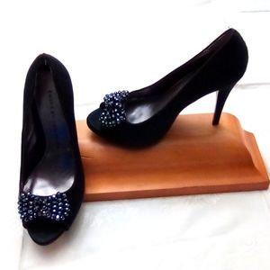 🍭Chinese laundry black peekab crystal bow detail size 7 1⁄2